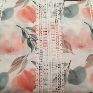 pure soft flower printed cotton suit with lace detailing on neck