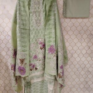 pure muslin flower printed suit with thread detailing on neck