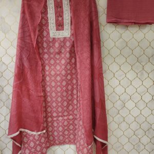pure printed cotton suit with lace and mirror detailing on neck