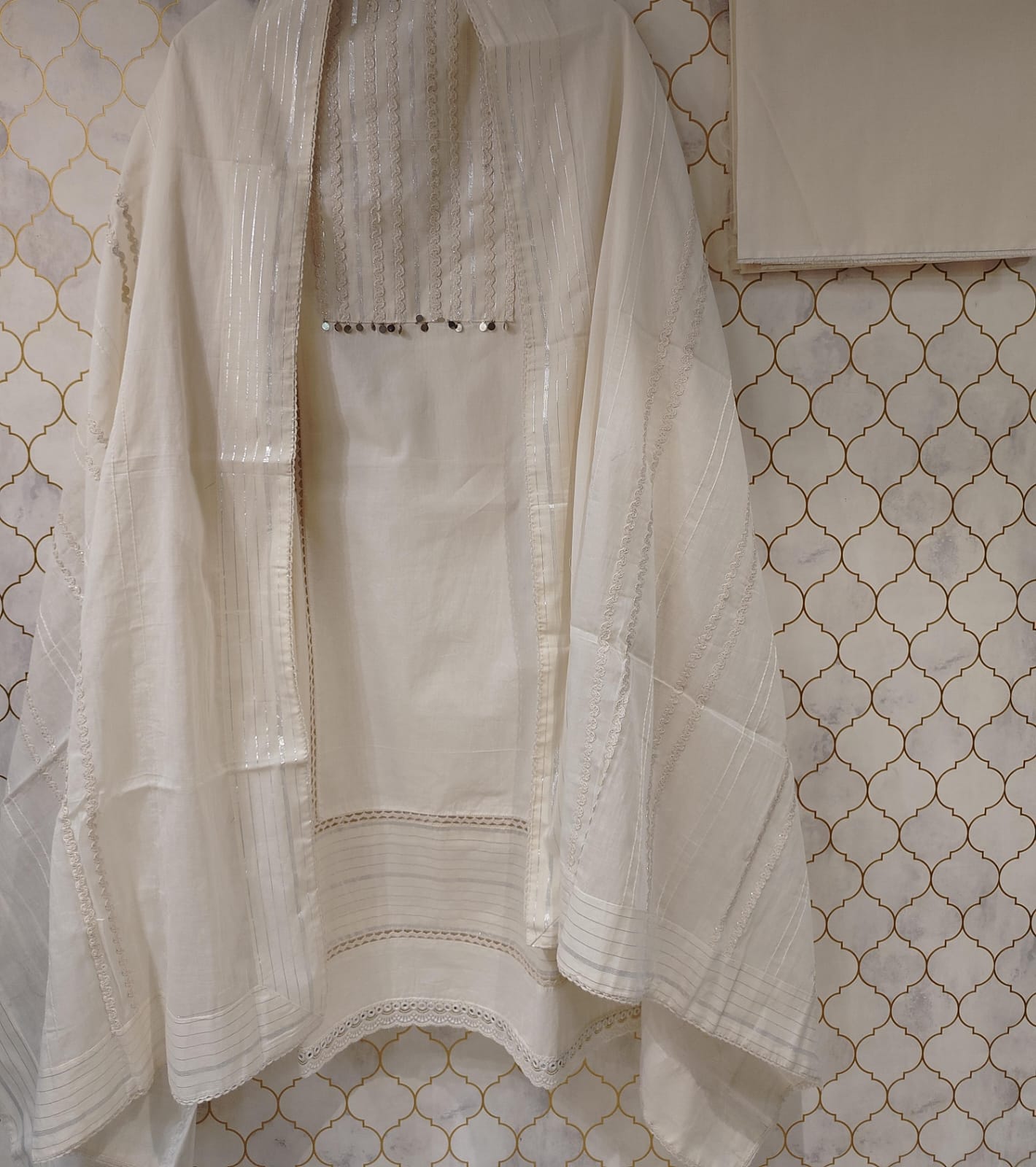 pure cotton suit with zig zag lace detailing pure cotton suit with zig zag lace detailing