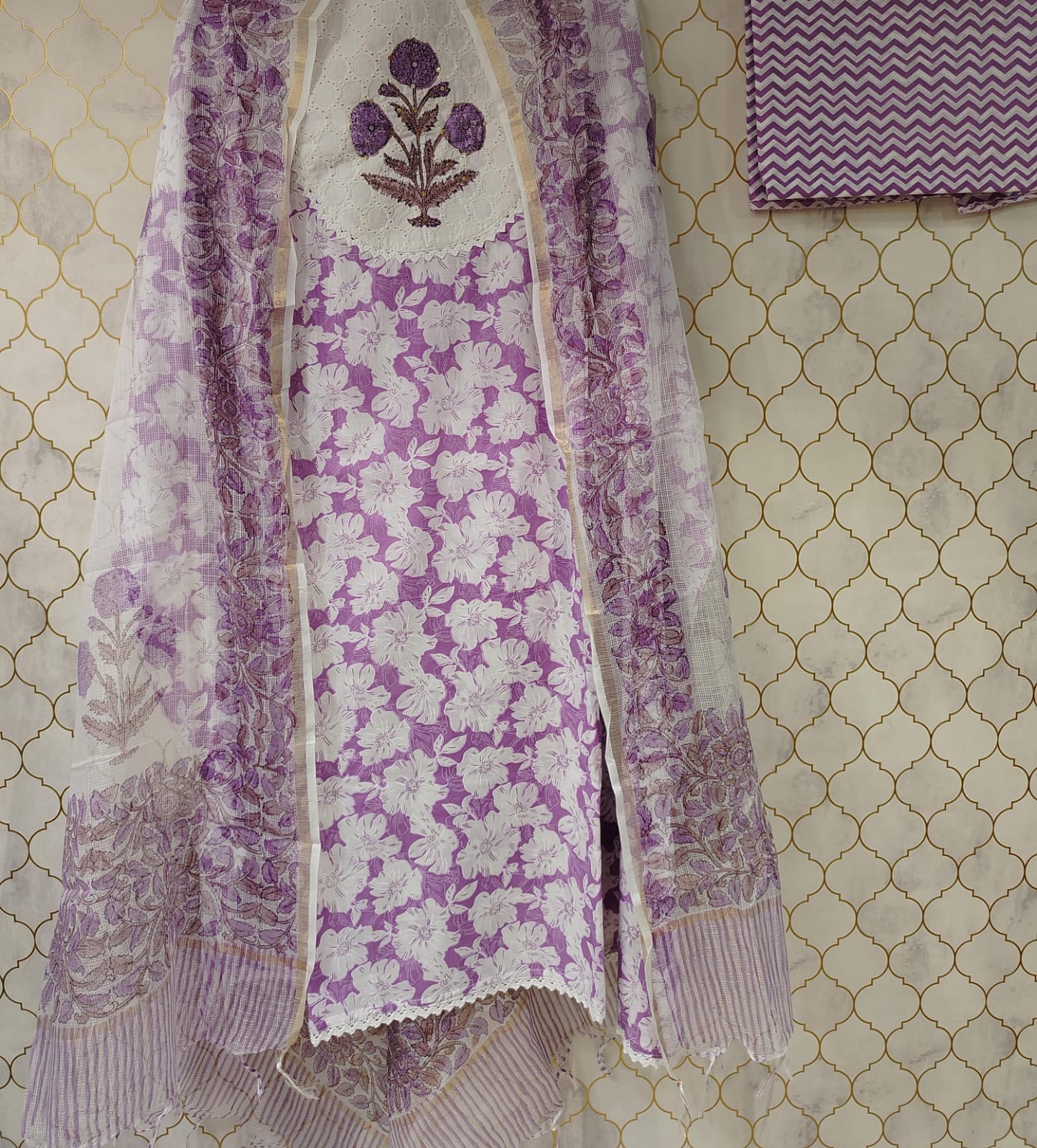 pure printed cotton suit with chickenkari patch on neck pure printed cotton suit with chickenkari patch on neck