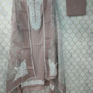 pure thread strip muslin suit with lace detailing