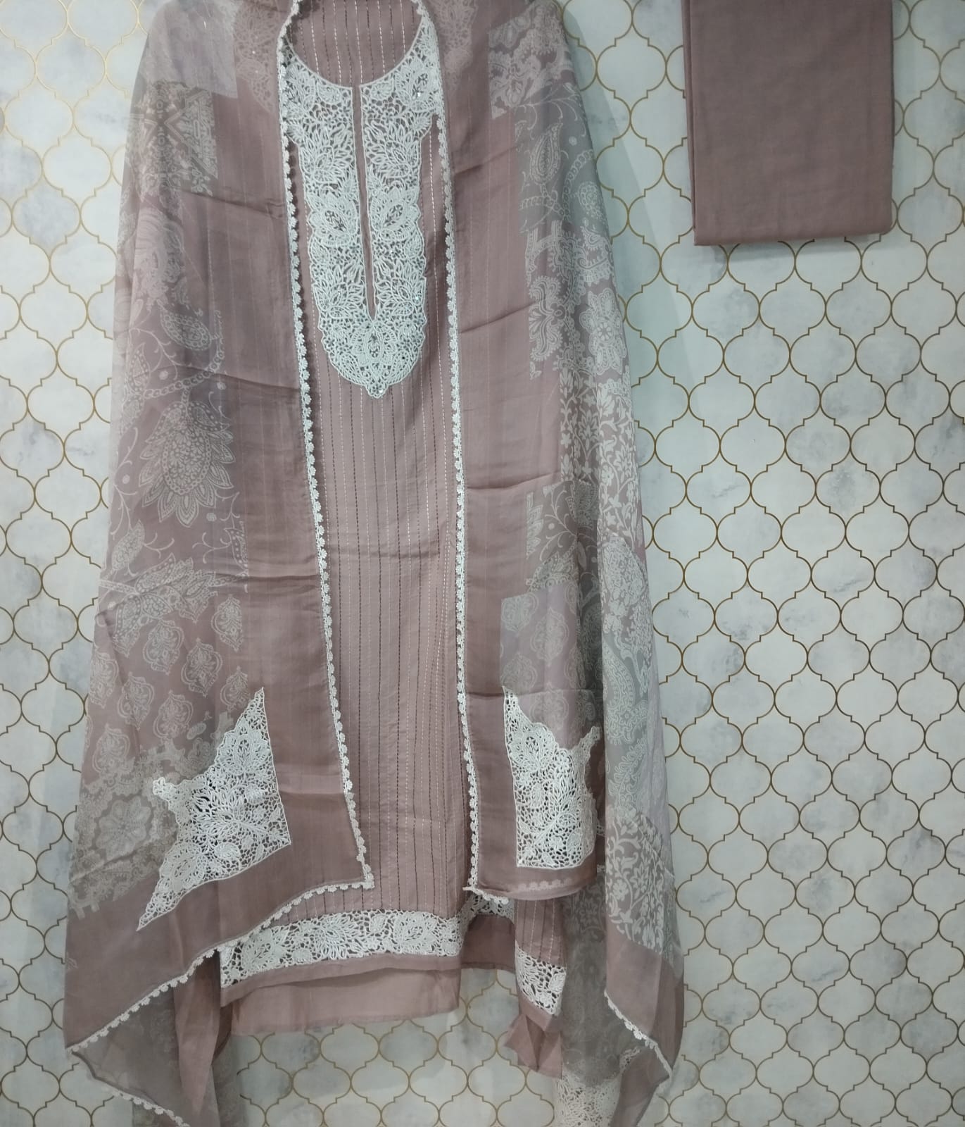 pure thread strip muslin suit with lace detailing pure thread strip muslin suit with lace detailing