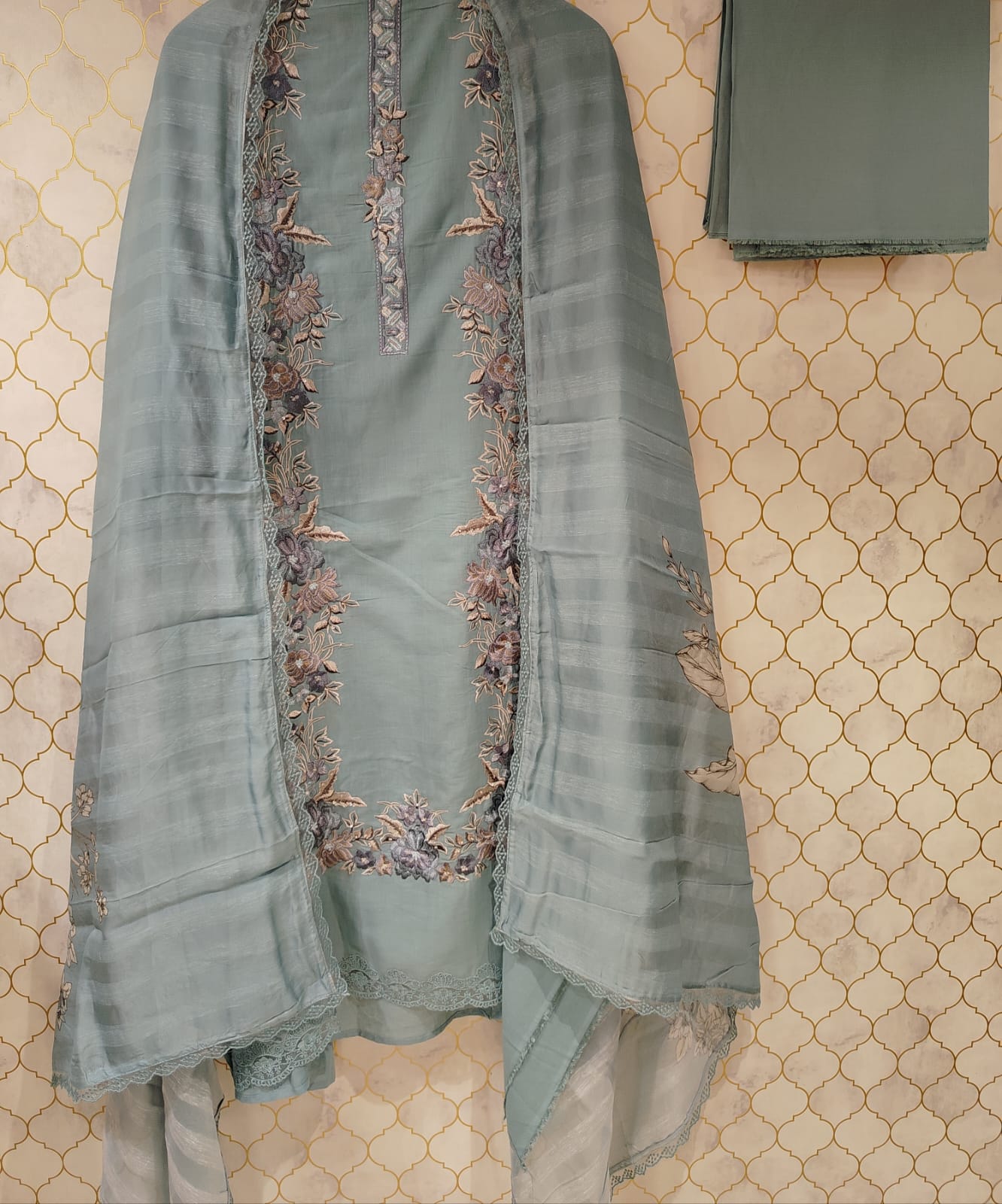 pure lilan suit with thread work highlighted on suit pure lilan suit with thread work highlighted on suit