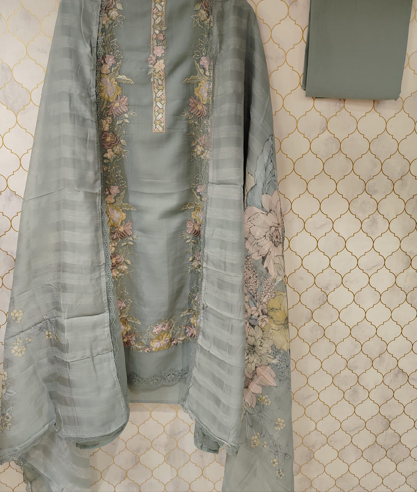 pure lilan suit with thread work highlighted on suit pure lilan suit with thread work highlighted on suit