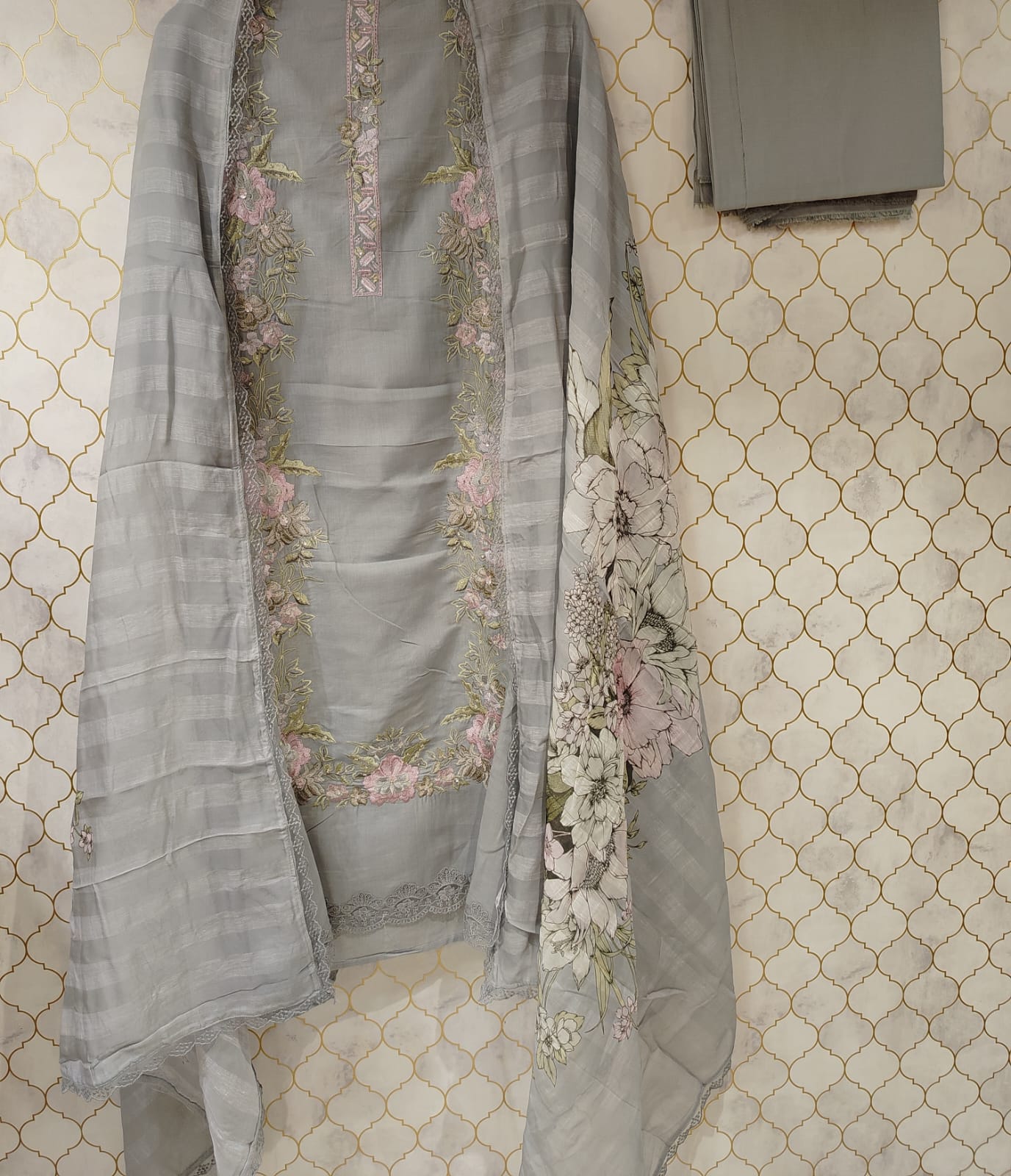 pure lilan suit with thread work highlighted on suit pure lilan suit with thread work highlighted on suit