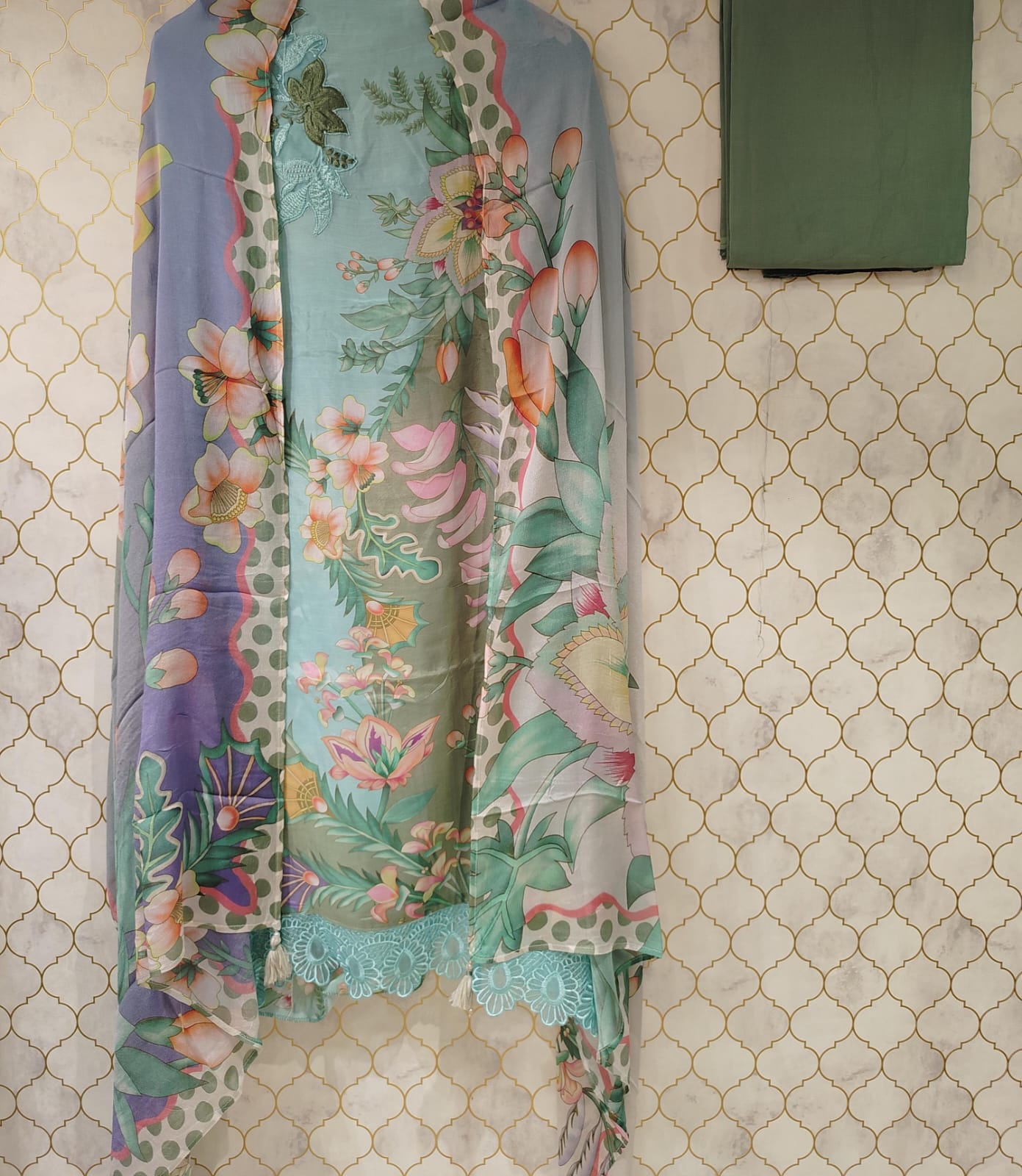 pure muslin with digital print, resham embroidery patch on neck pure muslin with digital print, resham embroidery patch on neck