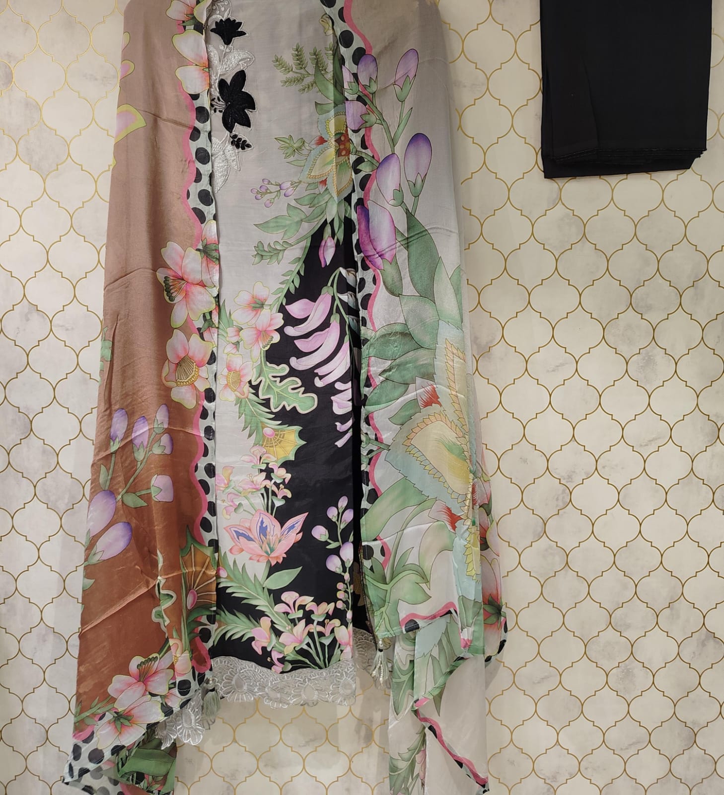 pure muslin with digital print, resham embroidery patch on neck pure muslin with digital print, resham embroidery patch on neck
