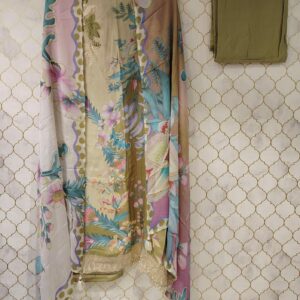 pure muslin with digital print, resham embroidery patch on neck
