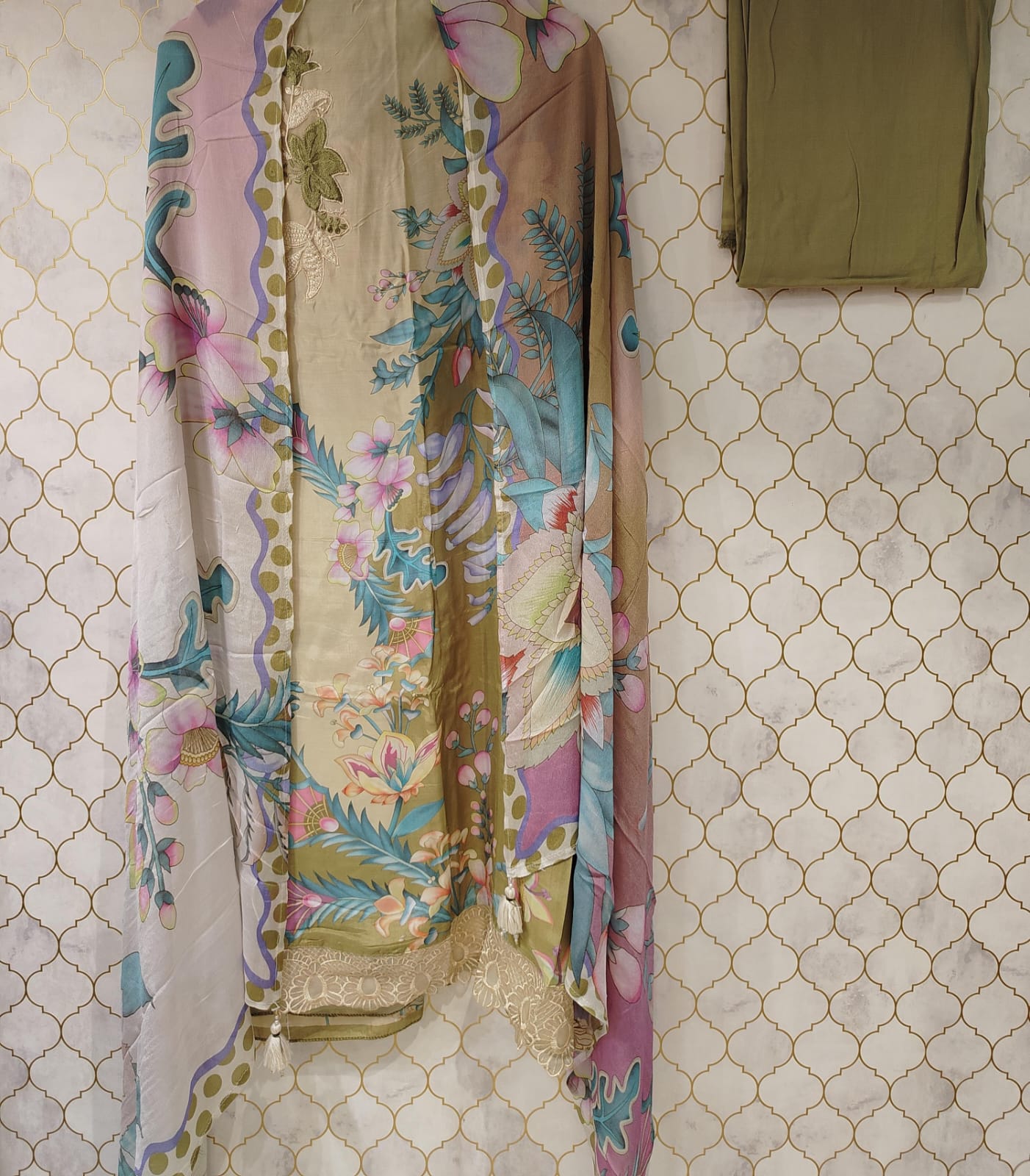 pure muslin with digital print, resham embroidery patch on neck pure muslin with digital print, resham embroidery patch on neck
