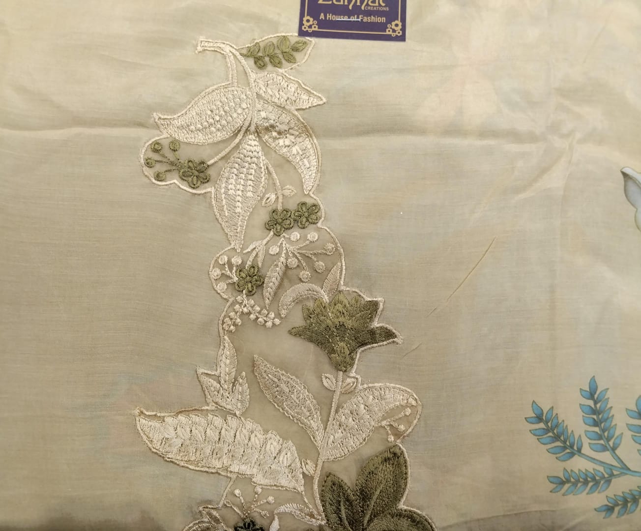 pure muslin with digital print, resham embroidery patch on neck pure muslin with digital print, resham embroidery patch on neck