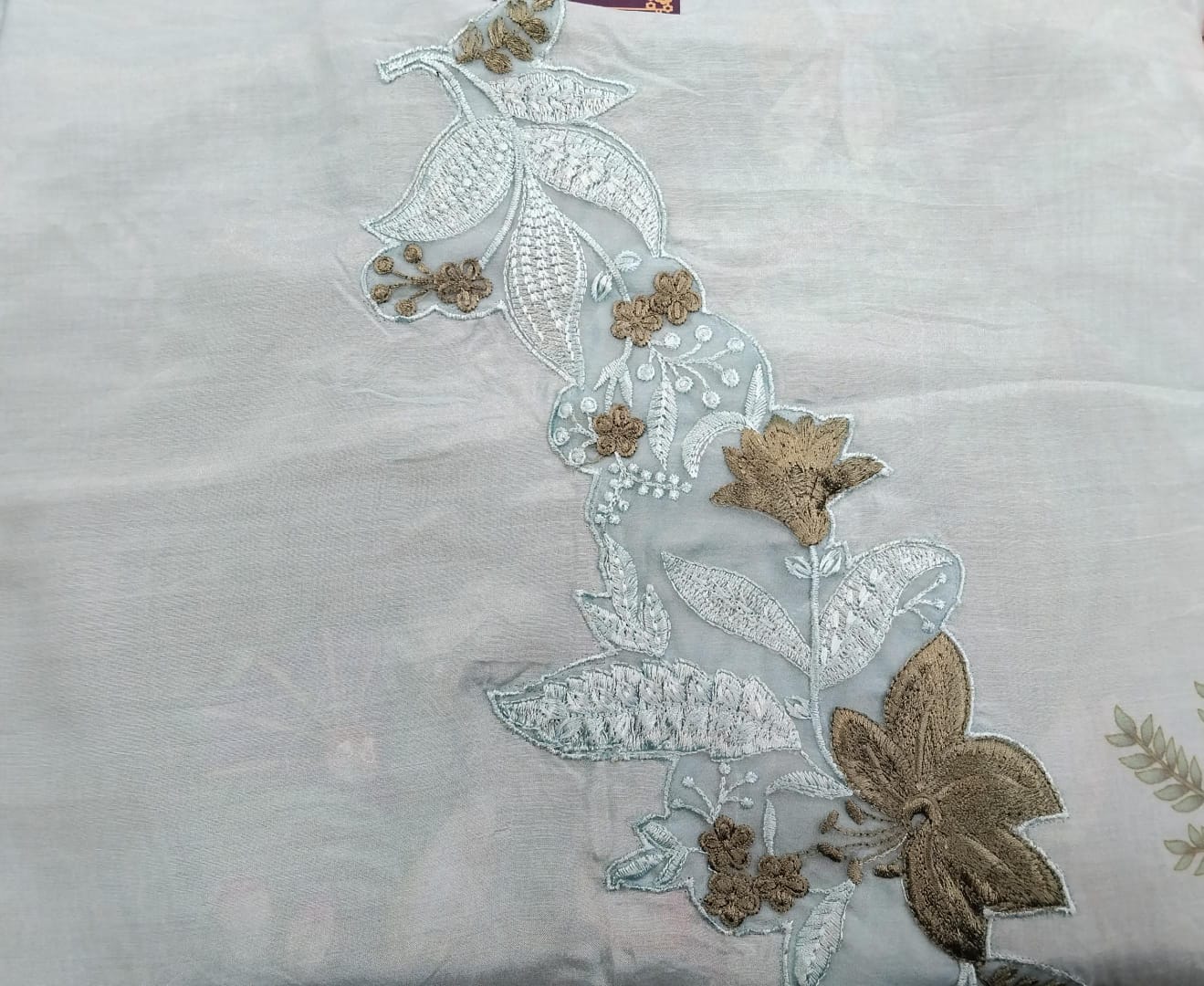 pure muslin with digital print, resham embroidery patch on neck pure muslin with digital print, resham embroidery patch on neck