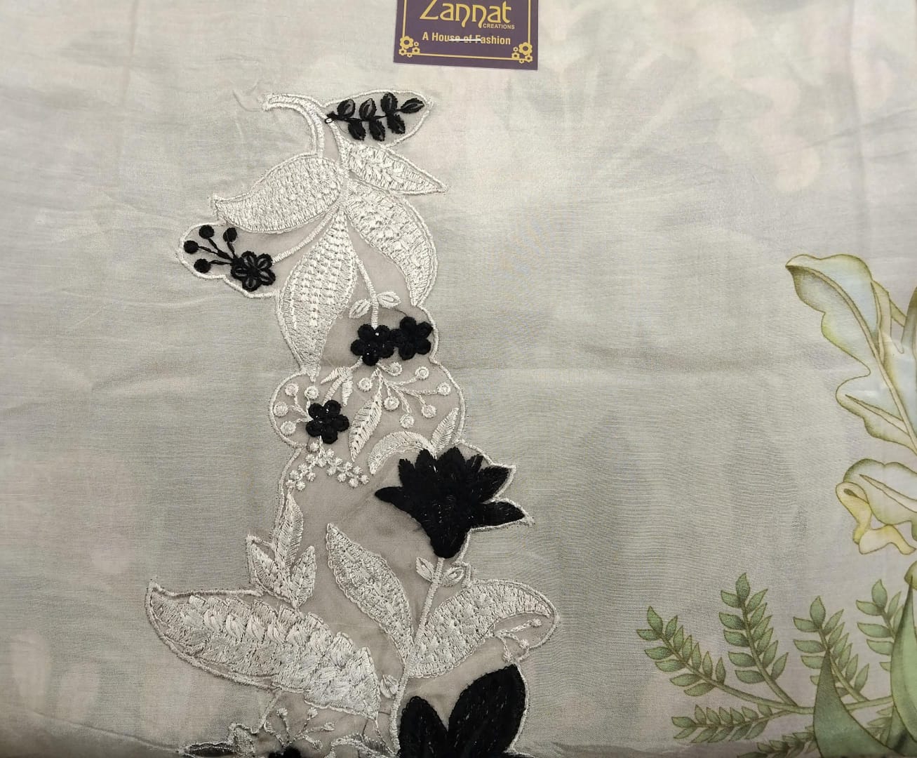 pure muslin with digital print, resham embroidery patch on neck pure muslin with digital print, resham embroidery patch on neck