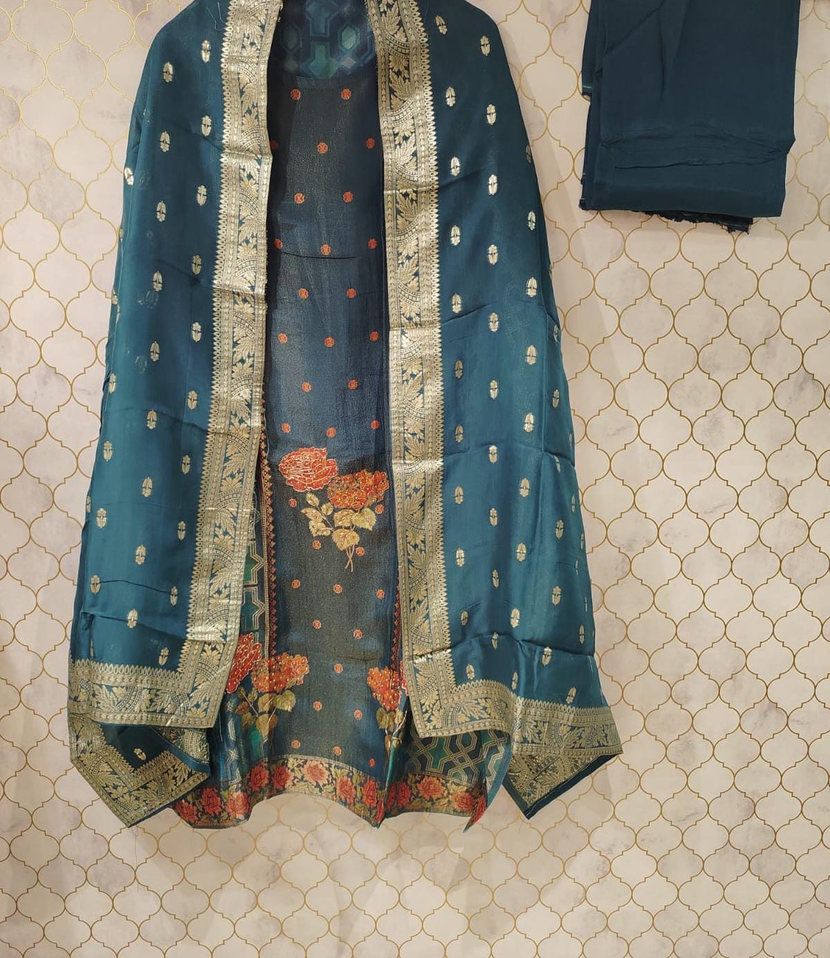 pure printed tissue suit with siroski and zari highlighting patch pure printed tissue suit with siroski and zari highlighting patch