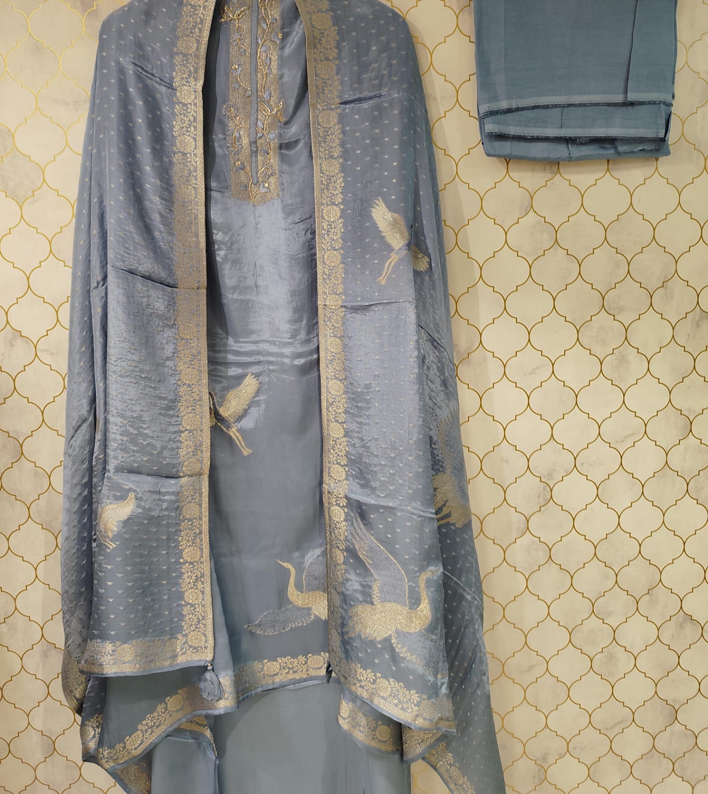 pure crepe suit with zari embroidery on neck pure crepe suit with zari embroidery on neck