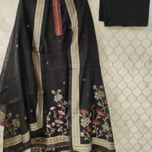 pure banarasi maheshwari suit with printed kurta patti neck with mirror detailing