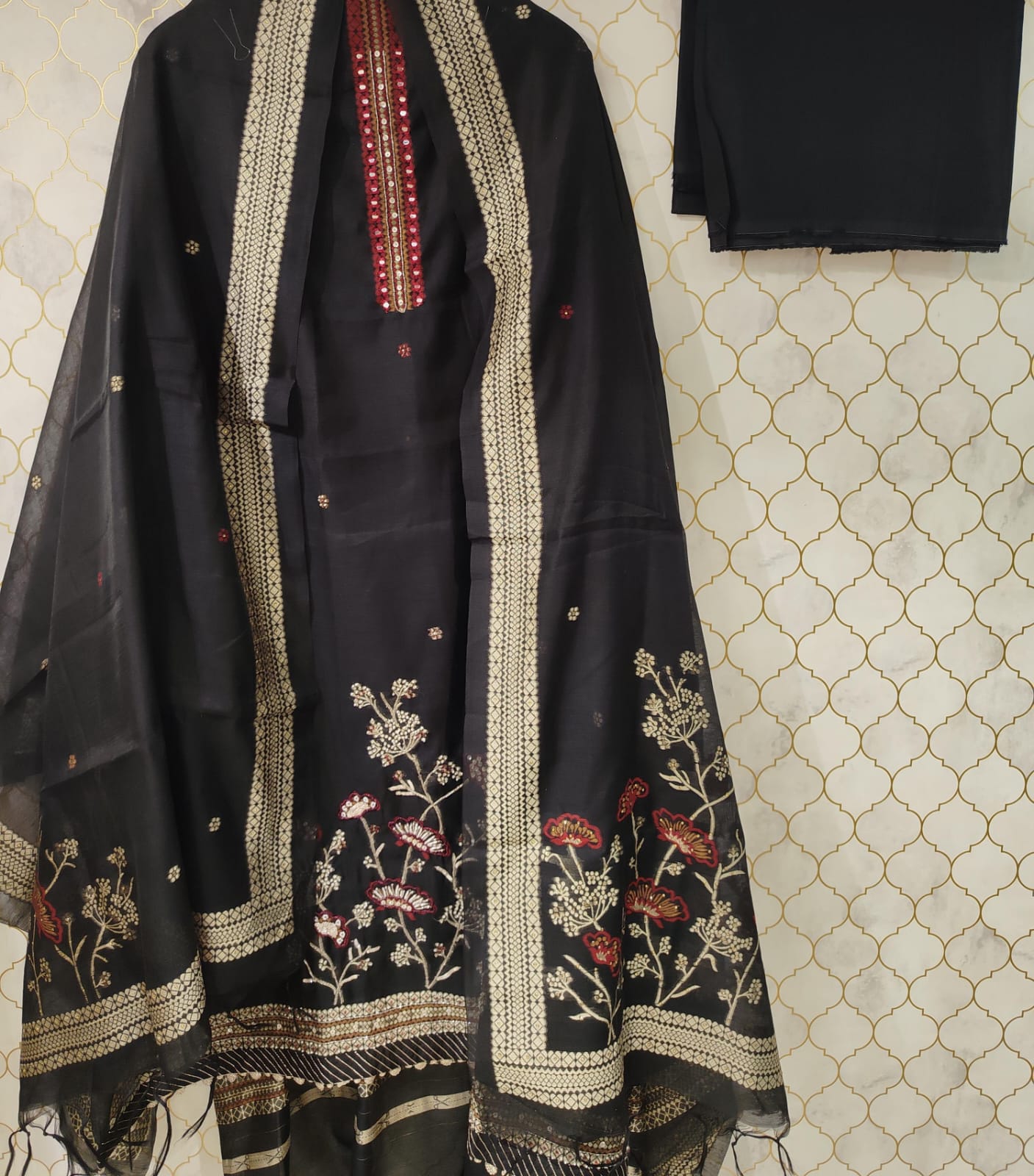 pure banarasi maheshwari suit with printed kurta patti neck with mirror detailing pure banarasi maheshwari suit with printed kurta patti neck with mirror detailing