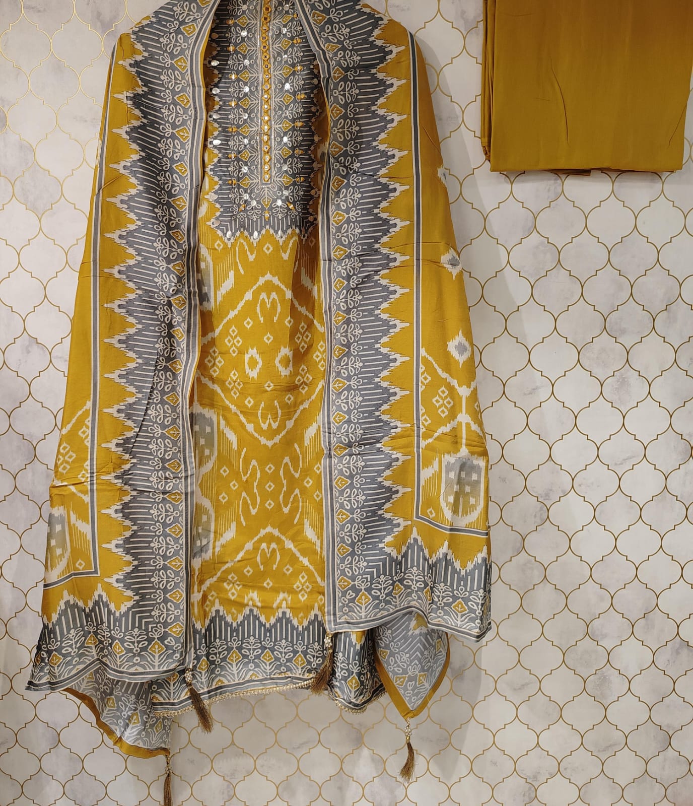 pure printed cotton silk suit with gotta detailing and miror work pure printed cotton silk suit with gotta detailing and miror work