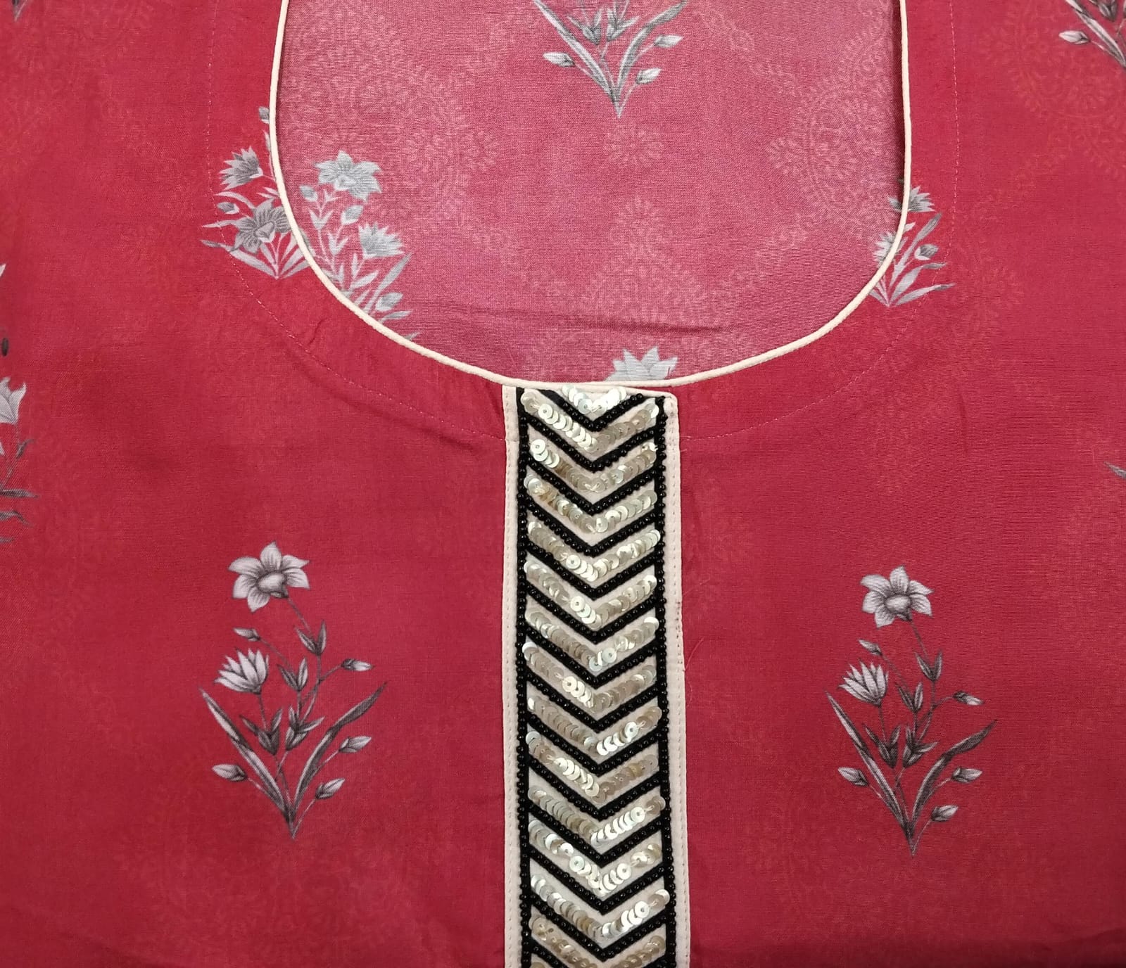 pure printedsuit with tussur silk with kurta patti neck highlighted with sequence pure printedsuit with tussur silk with kurta patti neck highlighted with sequence