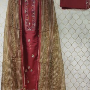 pure cotton silk suit with jaipuri print and thread embroidery laces on neck