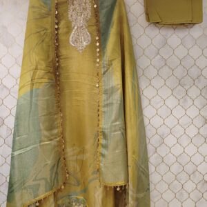 pure digital print tissue with embroided sequence and dori work neck and on hemline coin detailing pure digital print tissue dupatta with coin detailing on all four sides shantoon dyed shirt length: 46" dupatta length: 2.5 meter bottom length: 2.5 meter single piece