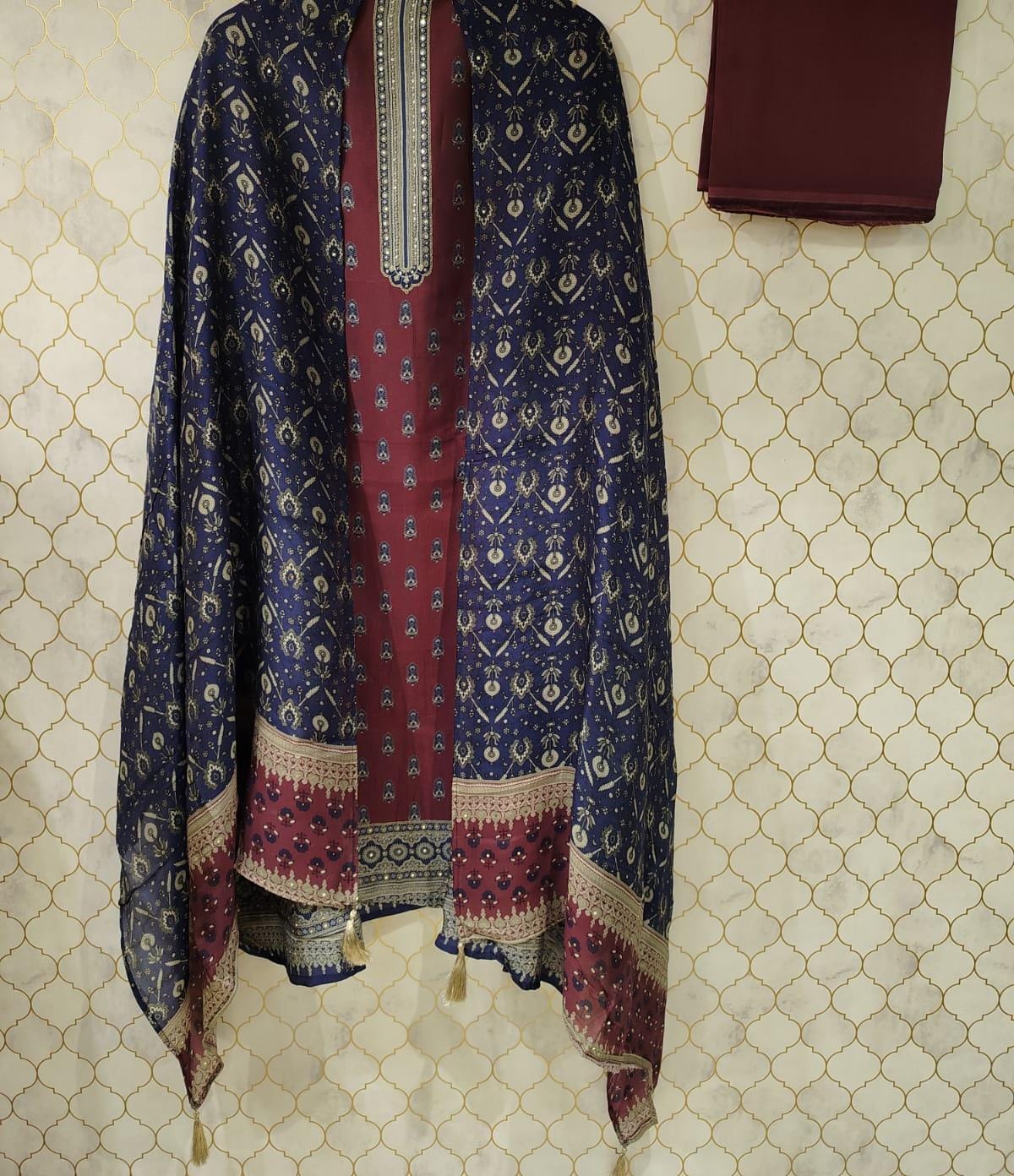 pure printed cotton silk suit with sequence and pearls detailing (2 colors) pure printed cotton silk suit with sequence and pearls detailing (2 colors)