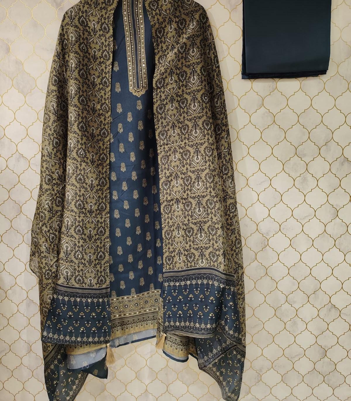 pure printed cotton silk suit with sequence and pearls detailing (2 colors) pure printed cotton silk suit with sequence and pearls detailing (2 colors)