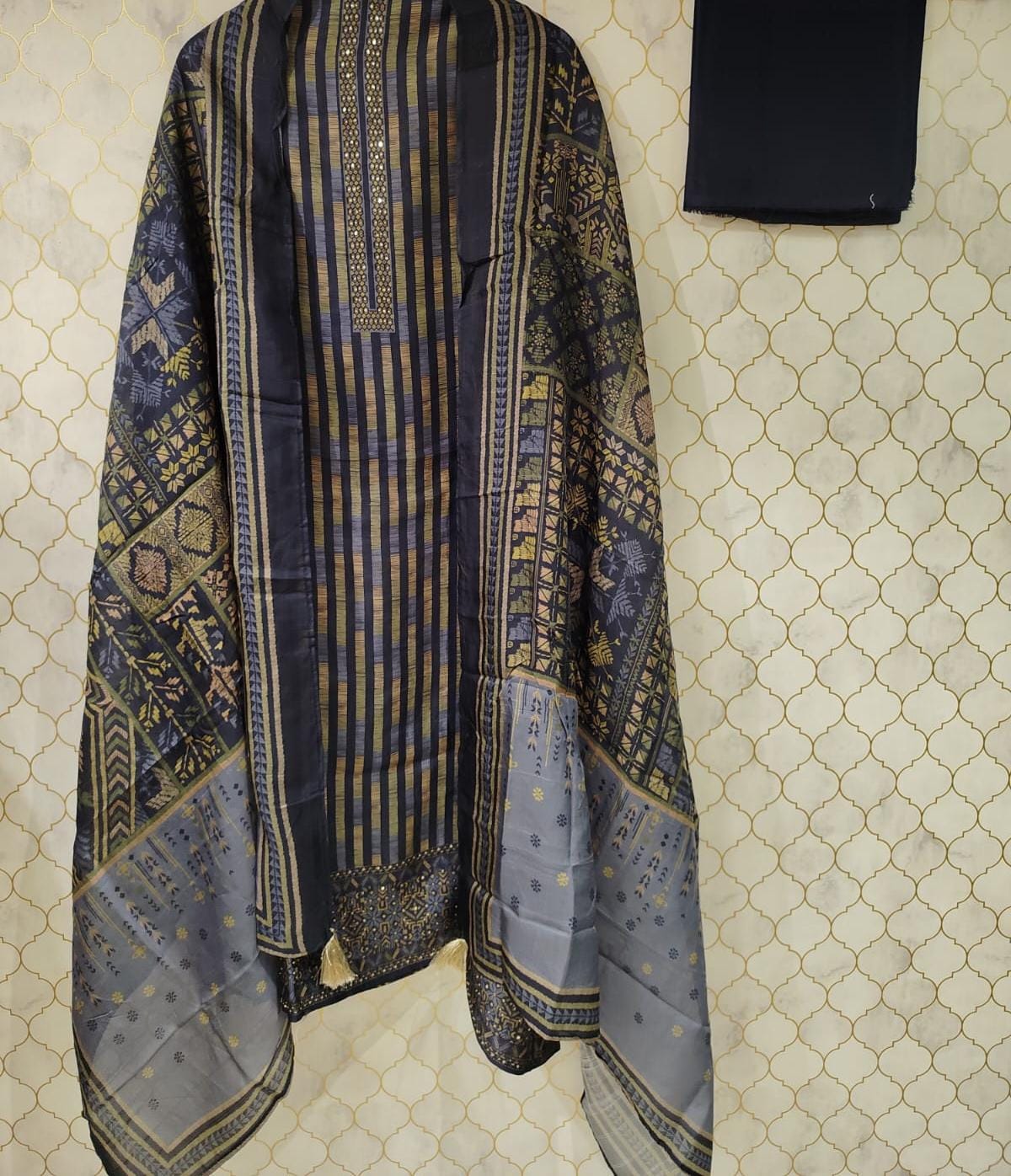 pure printed tussur silk strip suit with sequence pure printed tussur silk strip suit with sequence
