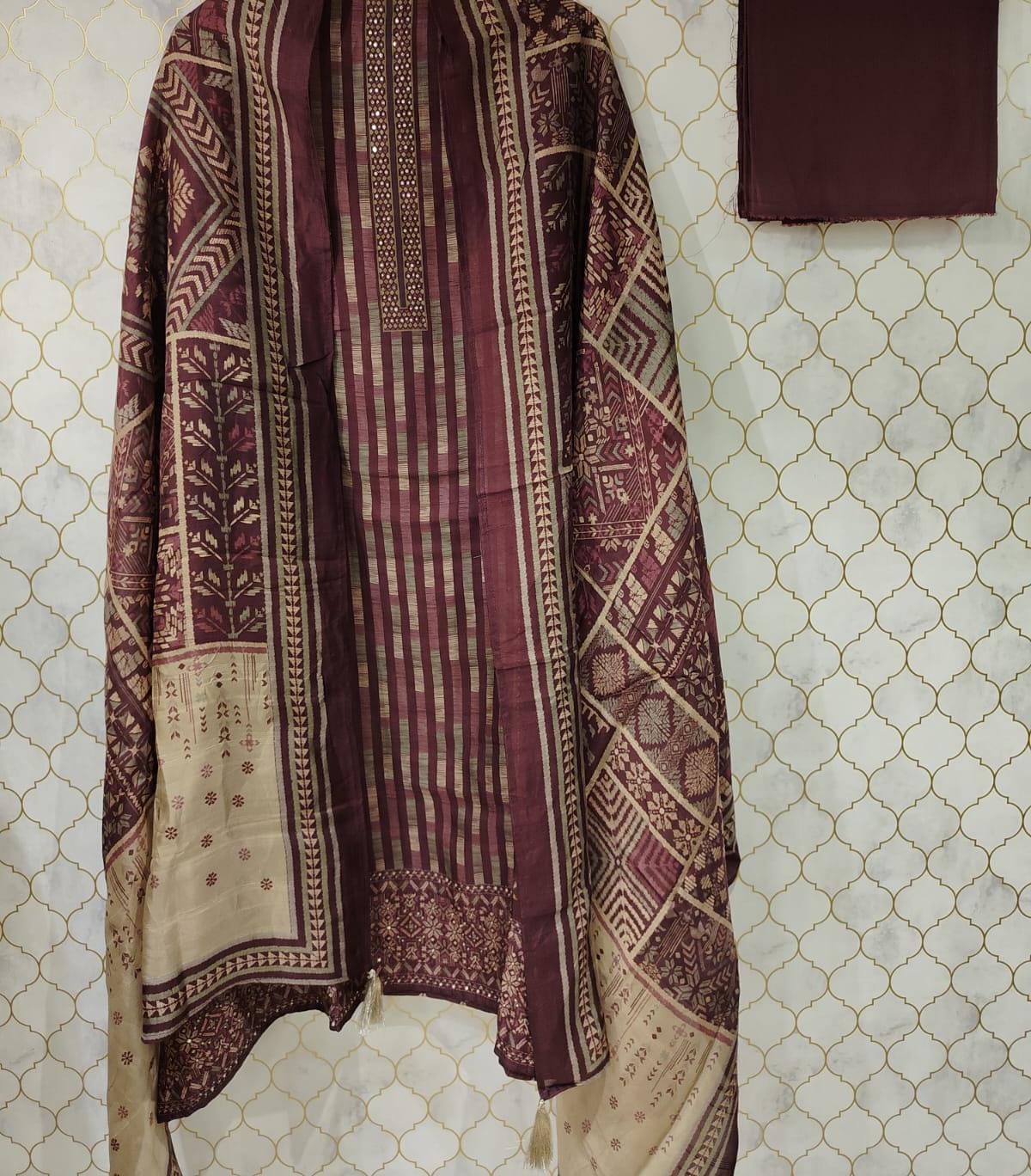 pure printed tussur silk strip suit with sequence pure printed tussur silk strip suit with sequence