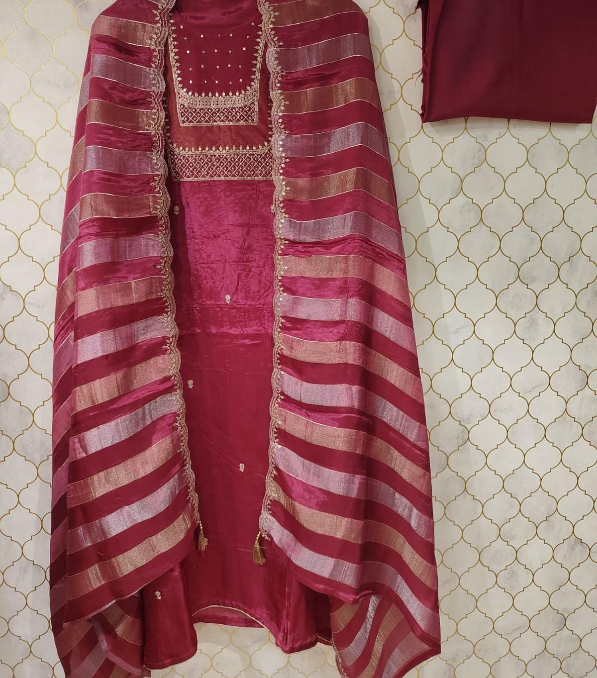 pure silk suit with zari detailing on neck with sequence highlighted pure silk suit with zari detailing on neck with sequence highlighted