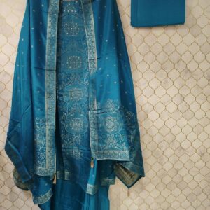 pure cotton banarasi silk suit with prints on neck and mirror work on neck and banarasi print on ghera
