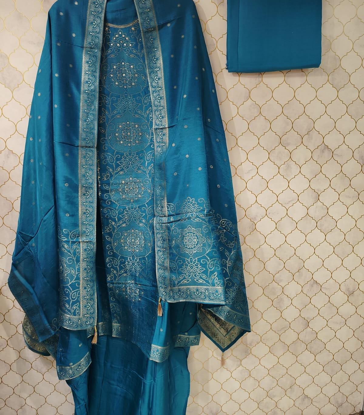 pure cotton banarasi silk suit with prints on neck and mirror work on neck and banarasi print on ghera pure cotton banarasi silk suit with prints on neck and mirror work on neck and banarasi print on ghera