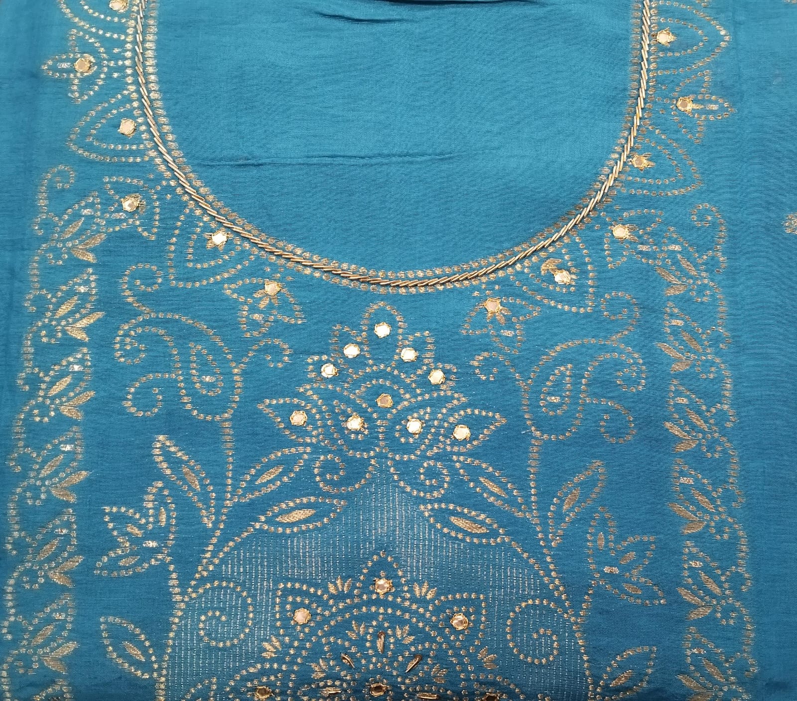 pure cotton banarasi silk suit with prints on neck and mirror work on neck and banarasi print on ghera pure cotton banarasi silk suit with prints on neck and mirror work on neck and banarasi print on ghera