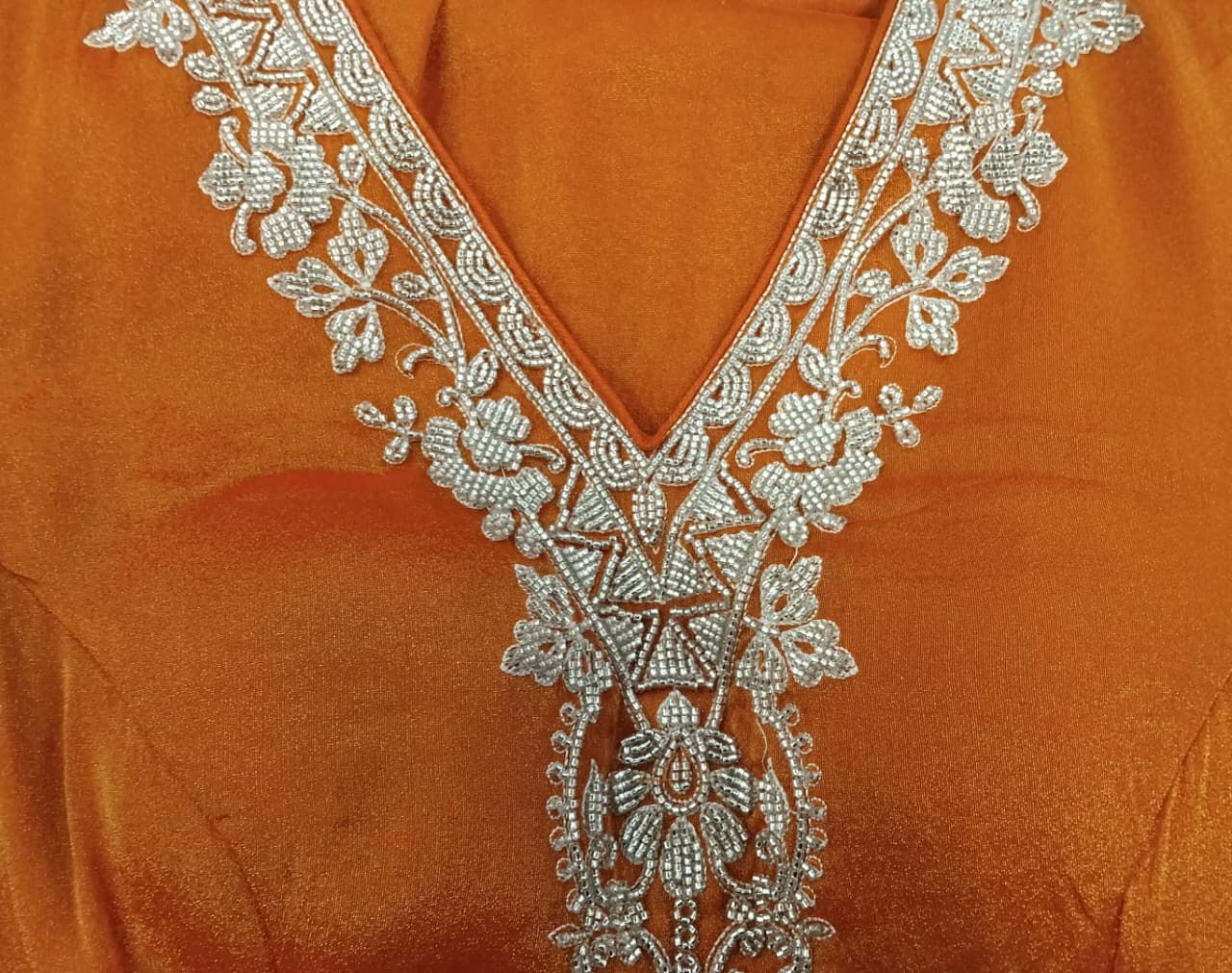 short shirt : shimmar tissue organza with cut dana embroidery on neck and also in ghera and also in sleeves short shirt : shimmar tissue organza with cut dana embroidery on neck and also in ghera and also in sleeves