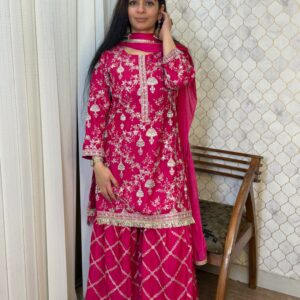 short shirt : pure chinon fabric with zari embroidery and sisoski and mirror detailing and on hemline siroski lace highlighted