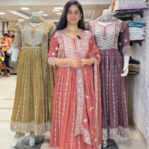 anarkali : pure chiffon with thread embroidery detailing with cut dana and sequence highlighted on all over and also in hemline and sleeves