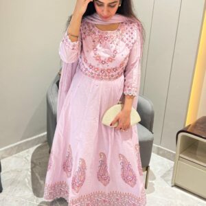 anarkali : pure printed cotton with thread and mirror detailing on neck