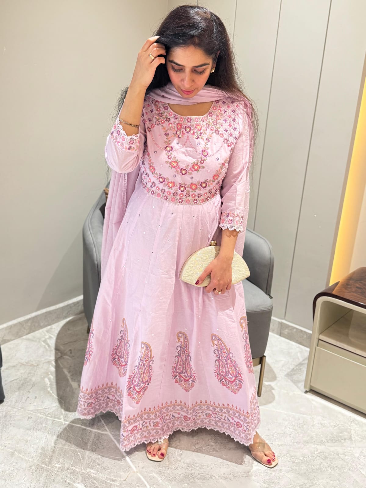 anarkali : pure printed cotton with thread and mirror detailing on neck anarkali : pure printed cotton with thread and mirror detailing on neck