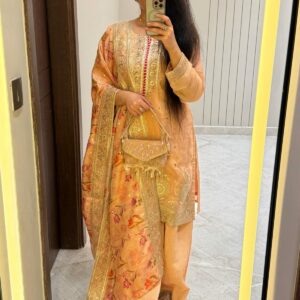 shirt : pure tissue silk fabric with dori and sequence detailing on neck also in sleeves and ghera and also buties on suit