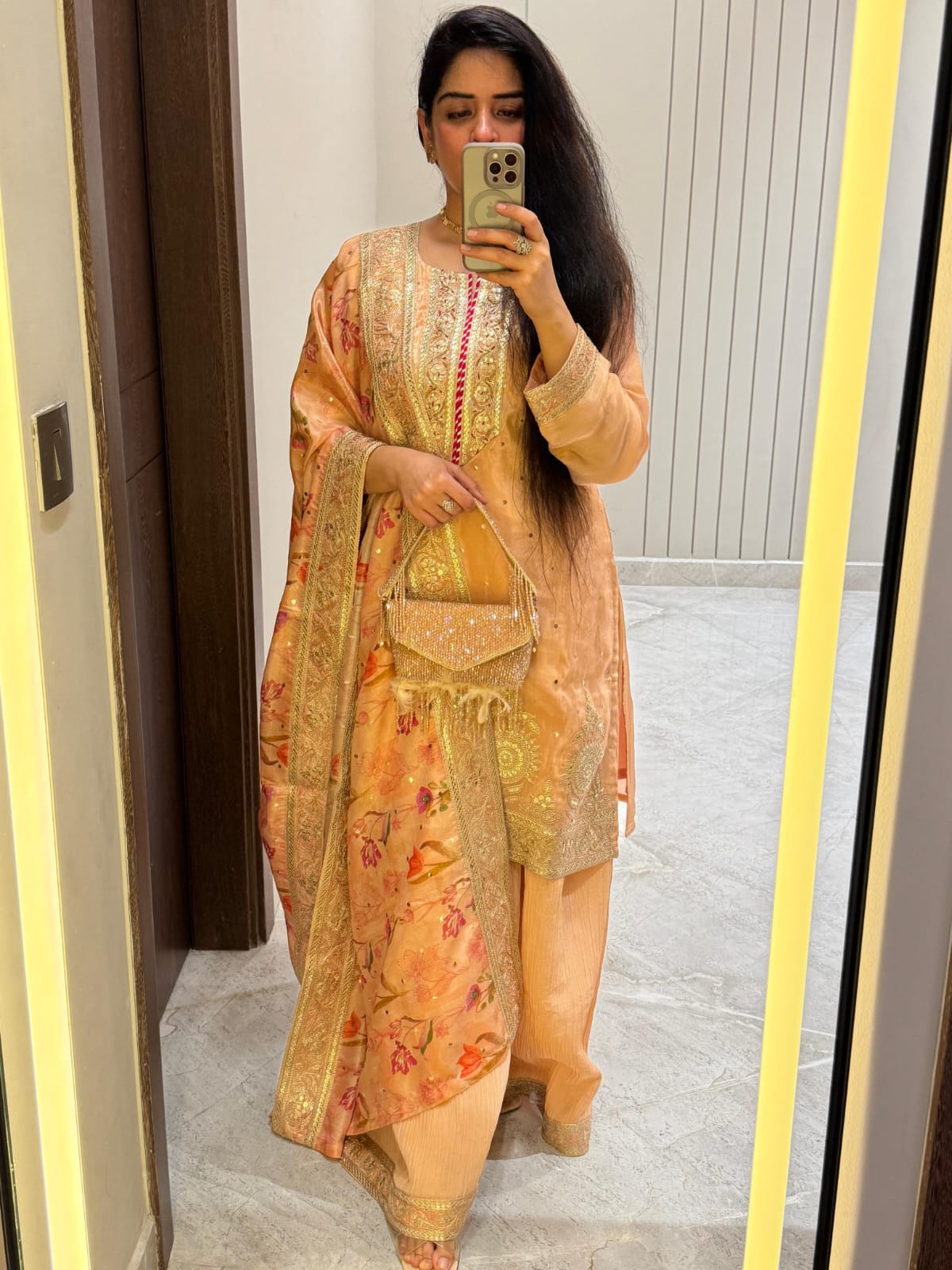 shirt : pure tissue silk fabric with dori and sequence detailing on neck also in sleeves and ghera and also buties on suit shirt : pure tissue silk fabric with dori and sequence detailing on neck also in sleeves and ghera and also buties on suit