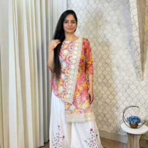 shirt: oraganza printed georgette fabric with thread detailing all over and also laces sarara: cotton silk sarara sith thread embroidery
