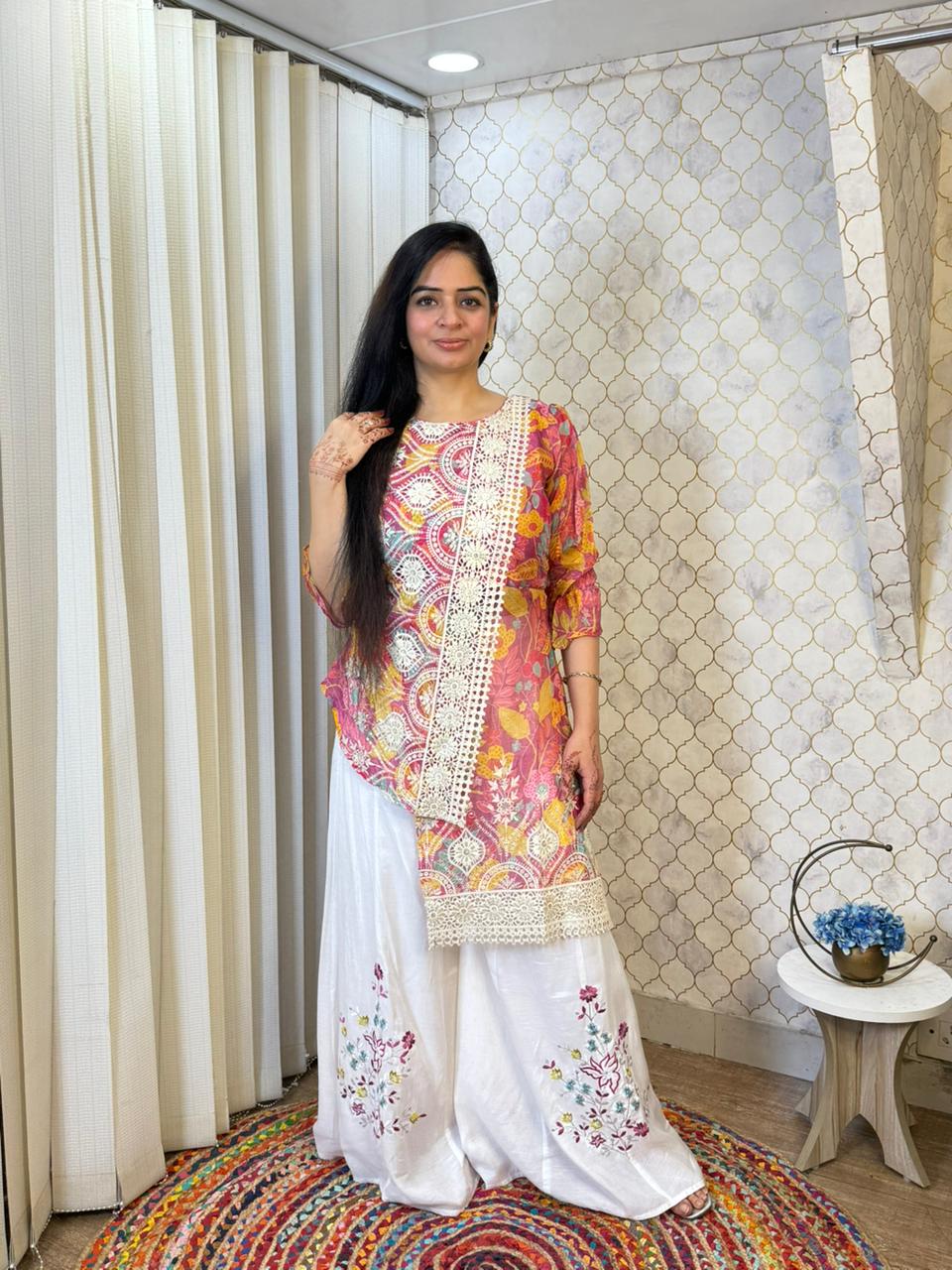 shirt: oraganza printed georgette fabric with thread detailing all over and also laces sarara: cotton silk sarara sith thread embroidery shirt: oraganza printed georgette fabric with thread detailing all over and also laces sarara: cotton silk sarara sith thread embroidery