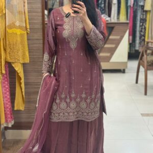 pure satin silk with zari detailing on neck and also pearls and sisoski detailing on sleaves neck ghera
