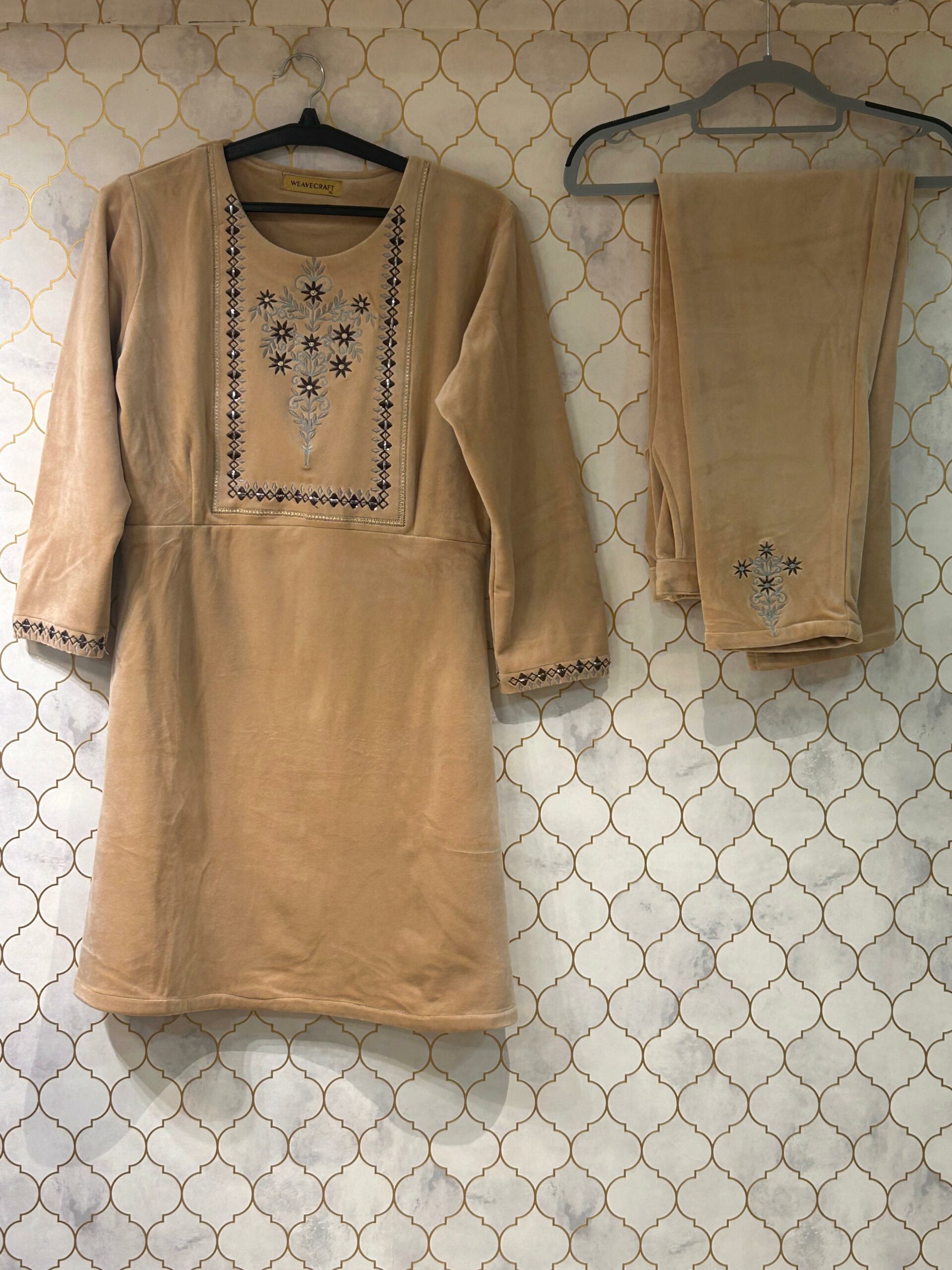 coordset pure velvet with thread embroidery on neck with mirror highlighting coordset pure velvet with thread embroidery on neck with mirror highlighting