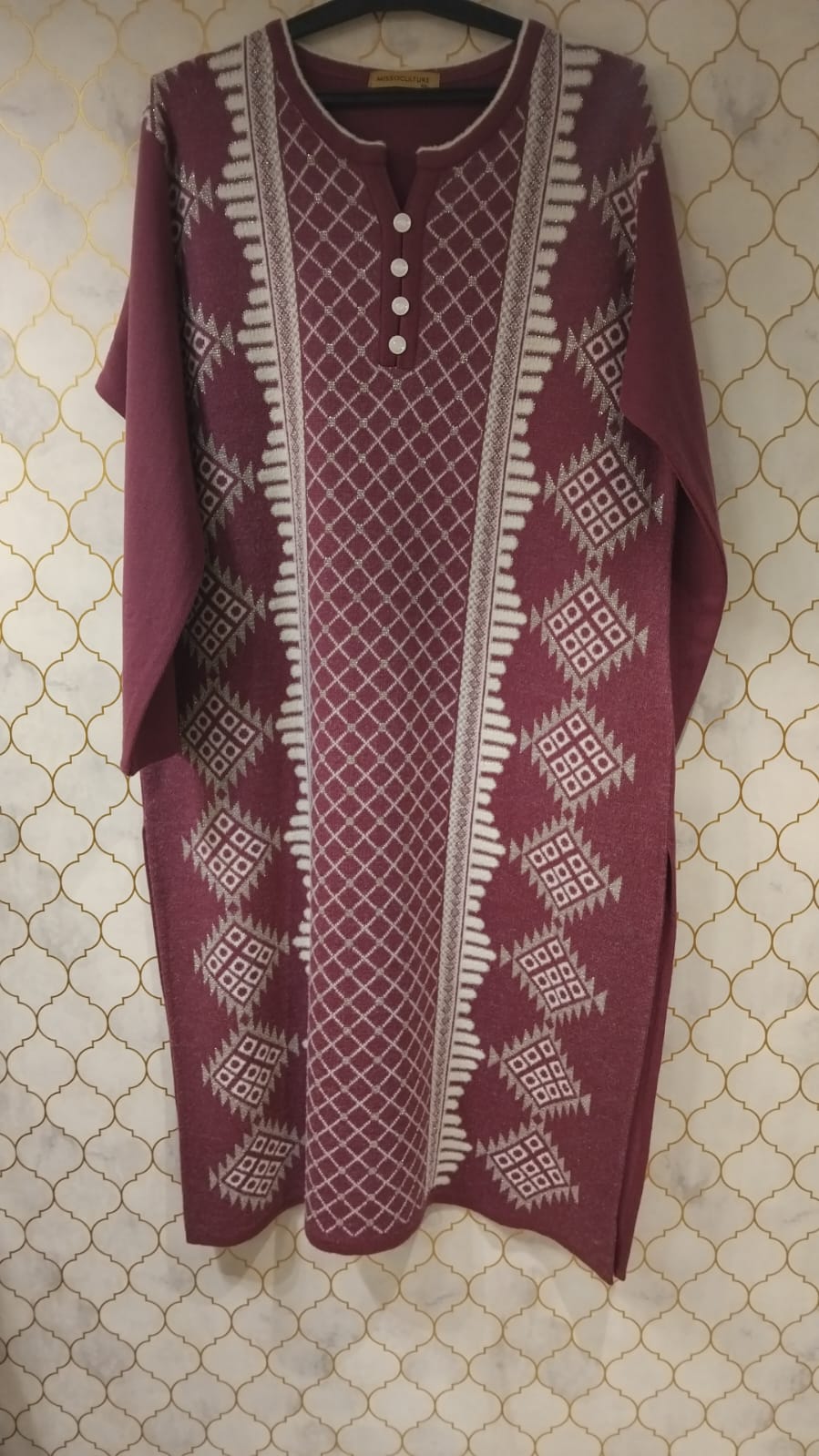 Kurti- Pure Woollen Printed with Cute Buttons On Neck