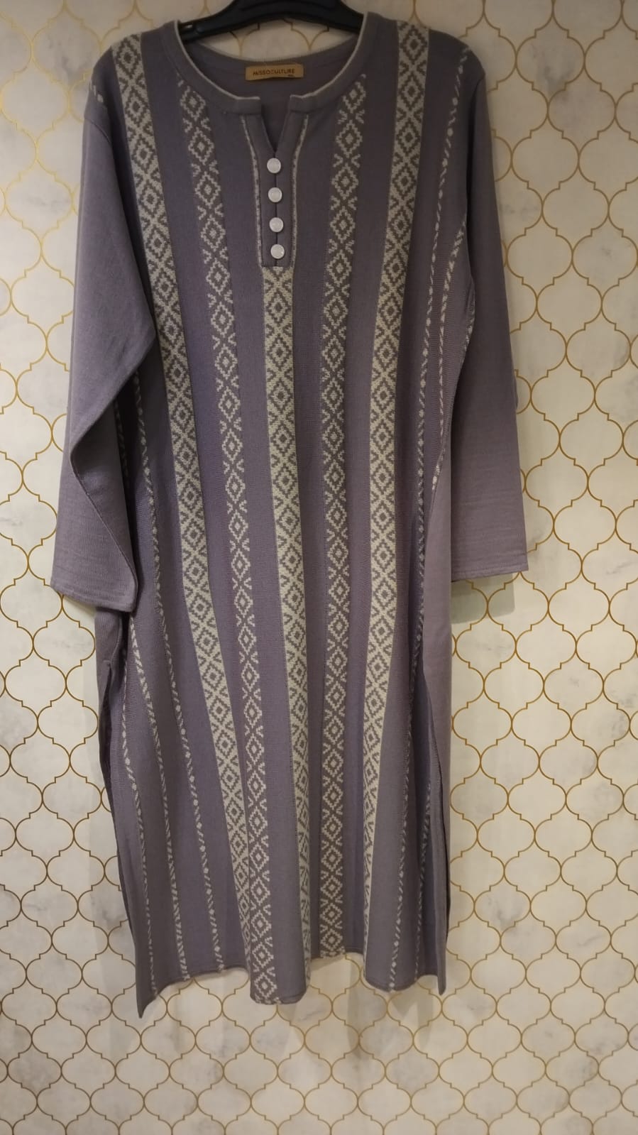 kurti pure wollen strip print with cute buttons on neck kurti pure wollen strip print with cute buttons on neck