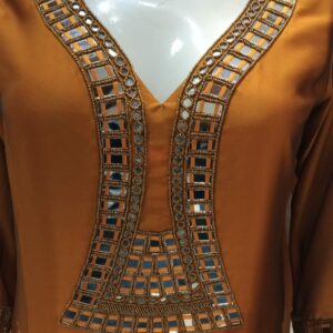 modal satin fabric with mirror detailing on neck and sleaves and also with small pearls also in ghera