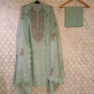 pure mul cotton shirt with neck thread embroidery