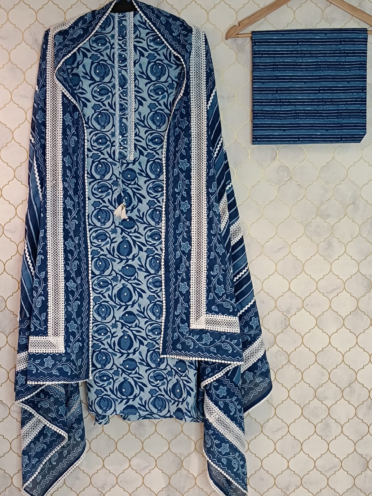 pure cotton with all over block print tassel pure cotton with all over block print tassel