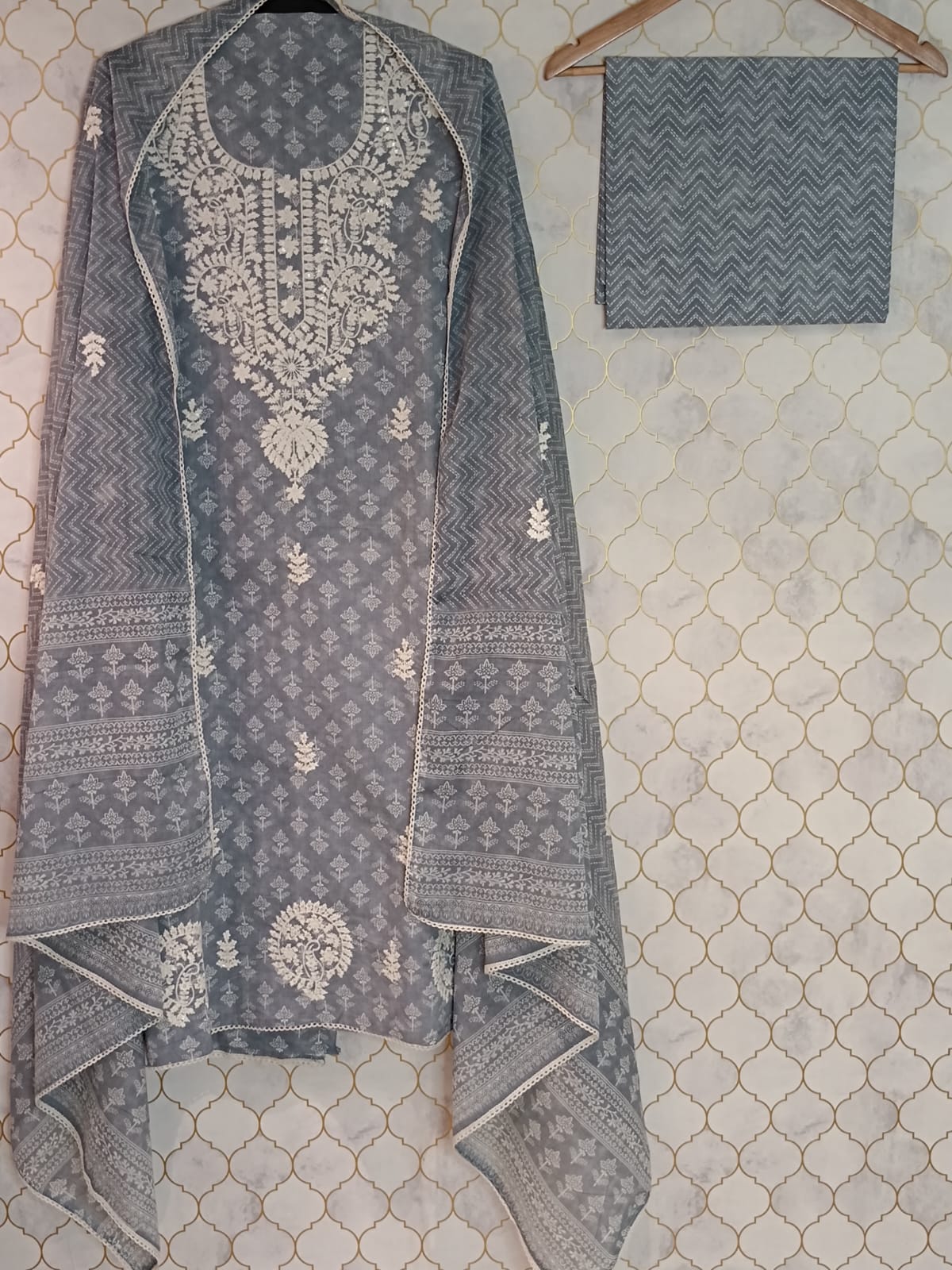 Pure Cotton block Printed chikankari Design with thread Work
